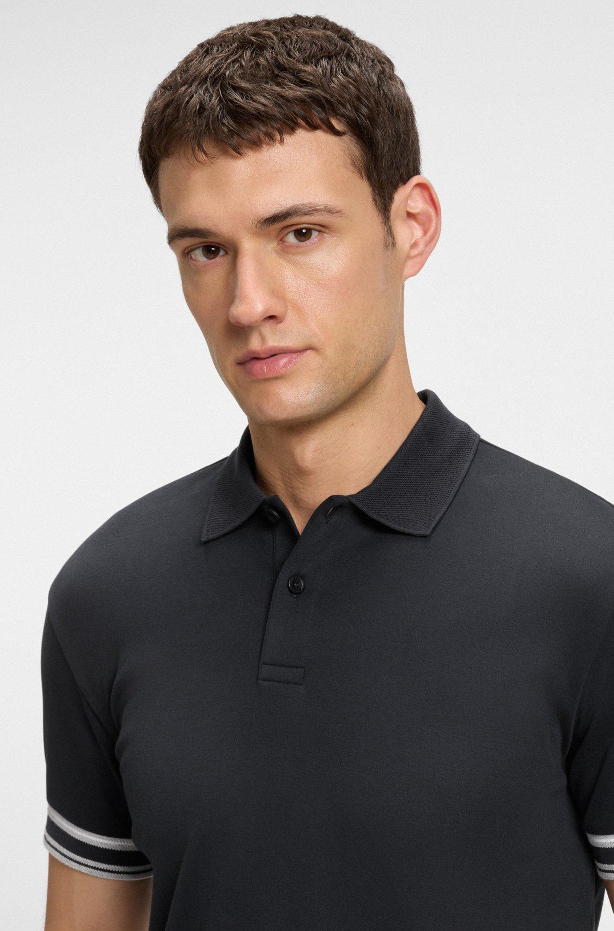 BOSS - Slim-fit polo shirt in cotton with striped collar - Dark Blue Product Image