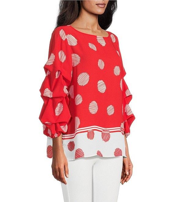 Slim Factor By Investments Kara Poppy Red Scribble Dots Boat Neck 3/4 Tiered Sleeve Top Product Image