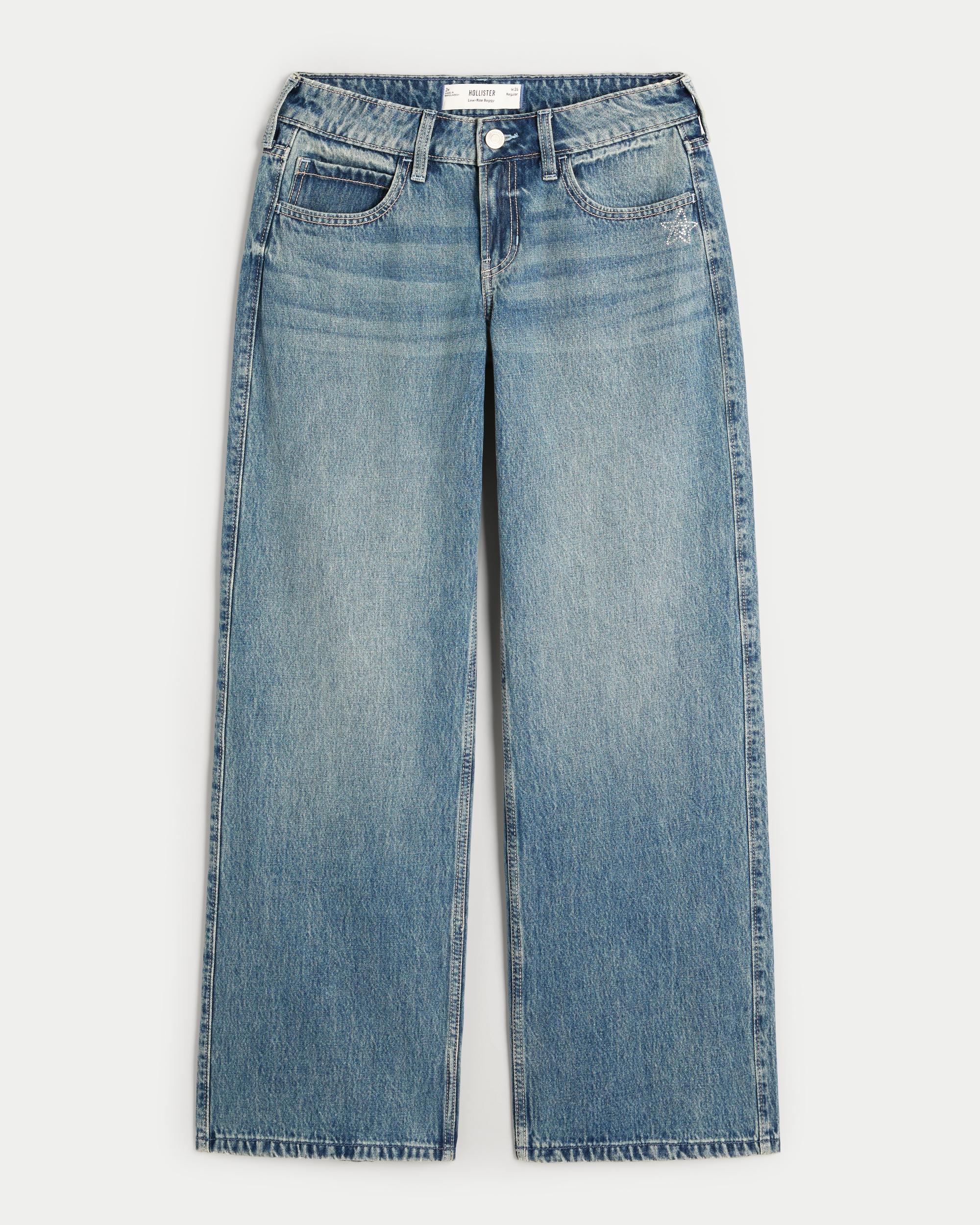 Low-Rise Rhinestone Stars Medium Wash Baggy Jeans Product Image