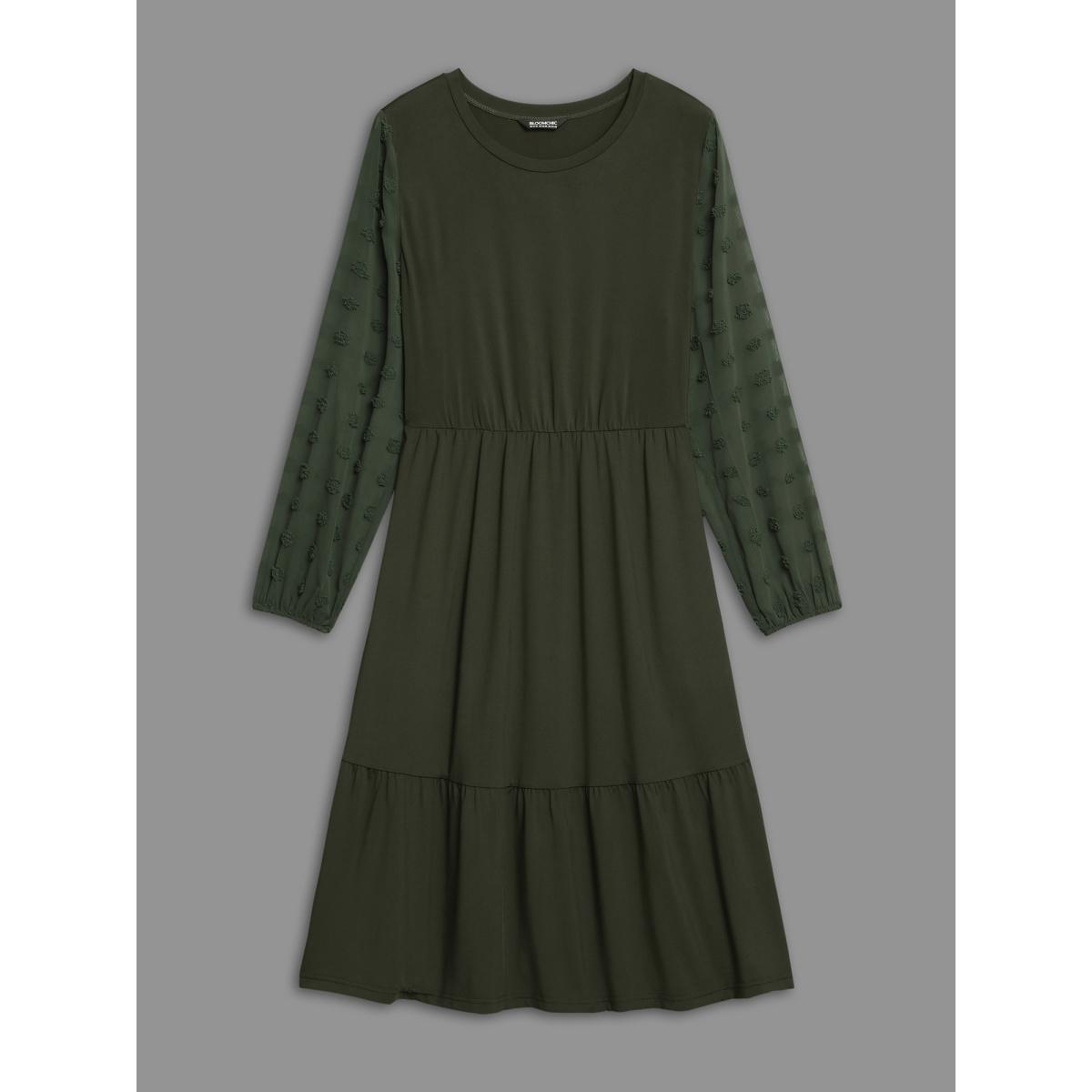 Plus Size Sheer Chiffon Textured Waist-Defined Midi Dress ArmyGreen Women Elegant Texture Round Neck Extra Long Sleeve Curvy BloomChic 28/5X Product Image