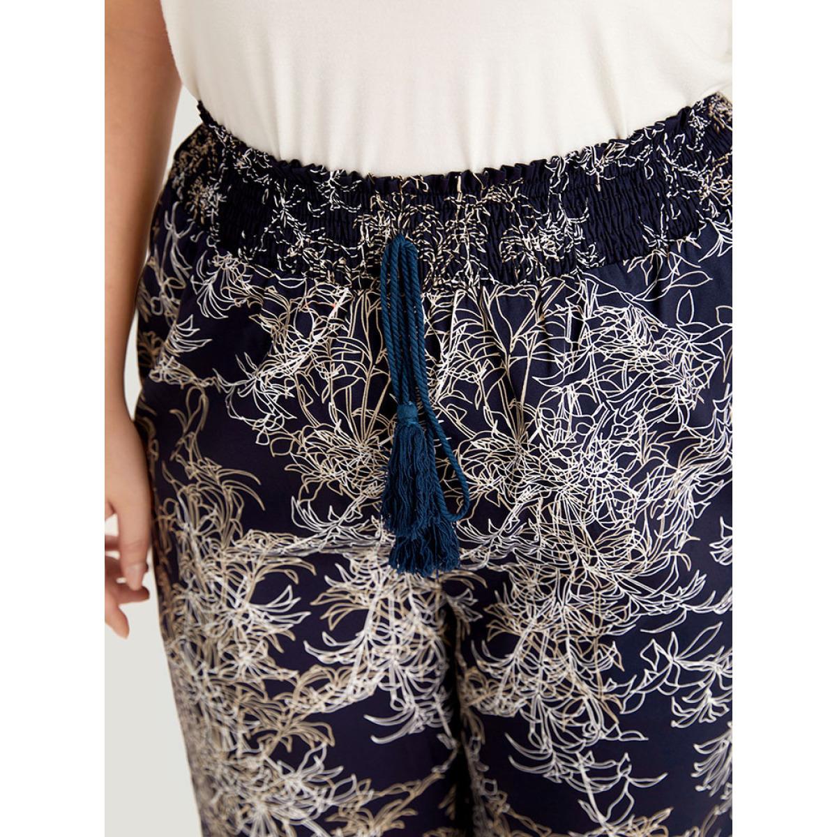 Plus Size Graphic Print Shirred Split Side Tassels Ties Pants Women Indigo Elegant Straight Leg High Rise Dailywear Pants BloomChic 10/M Product Image