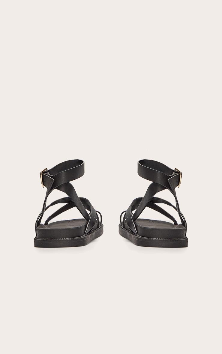 Black Pu Round Toe Gold Toe Loop Strappy Footbed Sandals Product Image