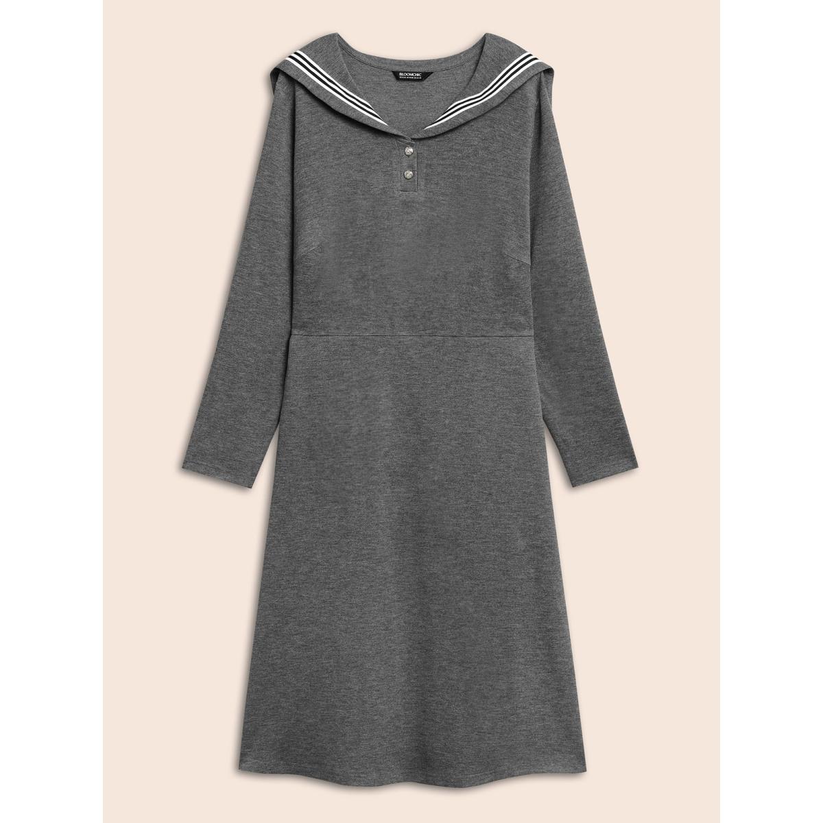 Plus Size Sailor Collar Contrast Button Up Dress DarkGray Women Casual Contrast Sailor Collar Long Sleeve Curvy BloomChic 26/4X Product Image