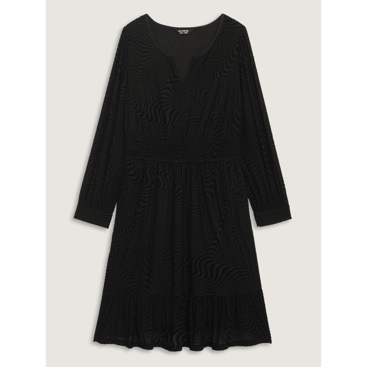 Plus Size Velvet Laser Cut Ruffled Hem Midi Dress Black Women Office Texture Flat collar with V-notch Long Sleeve Curvy BloomChic 14-16/1X Product Image