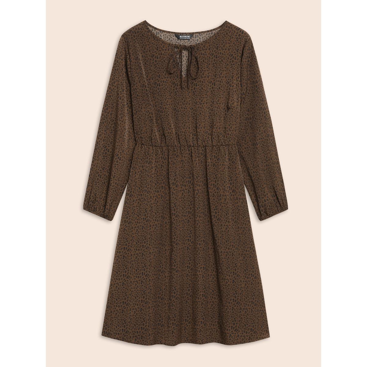 Plus Size Leopard Print Tie Knot Gathered Dress Browncoffeecolor Women At the Office Tie knot V-neck Elbow-length sleeve Curvy BloomChic 30/6X Product Image