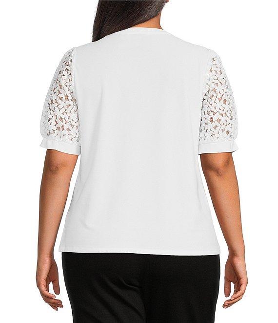 CeCe Plus Size Short Lace Puff Sleeve Crew Neck Blouse Product Image