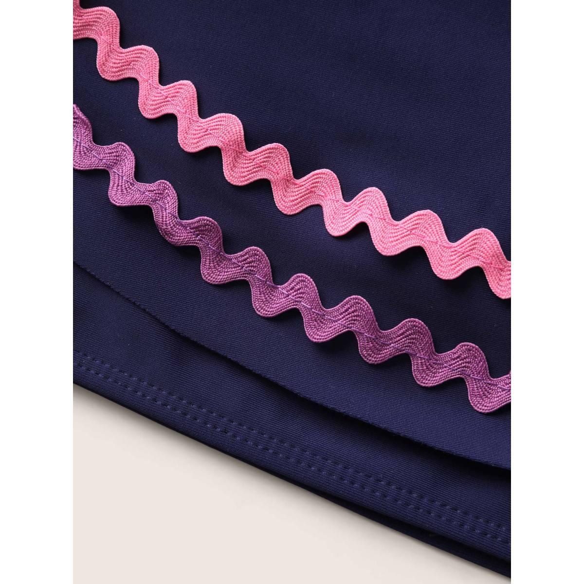 Plus Size Off Shoulder Woven Ribbon Ruffle Trim Swim Top Women's Swimwear Indigo Beach Woven ribbon&lace trim High stretch Skinny One-shoulder neck Curve Swim Tops BloomChic 18-20/2X Product Image