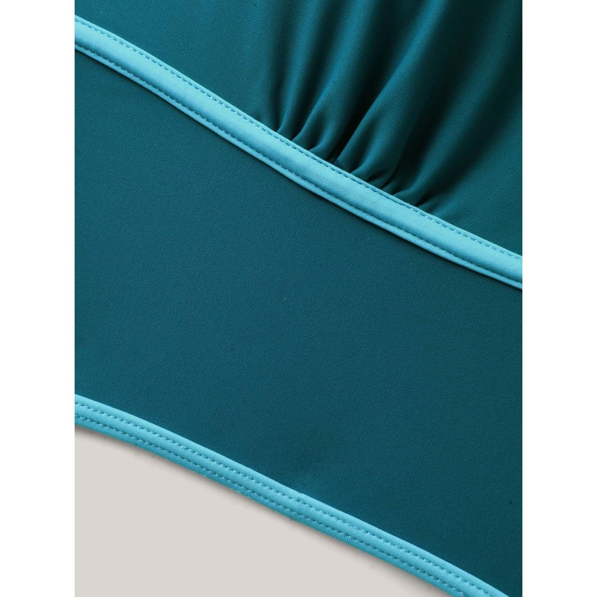 Plus Size Color Contrast Scoop Neck Swim Top Women's Swimwear Teal Beach Contrast High stretch Skinny U-neck Curve Swim Tops BloomChic 10/M Product Image
