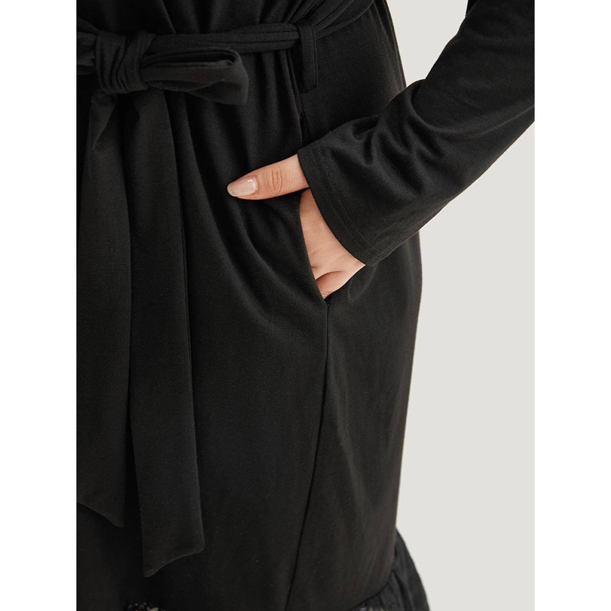 Plus Size Broderie Anglaise Round Neck Belted Flutter Hem Dress Black Women Casual Plain Round Neck Long Sleeve Curvy Midi Dress BloomChic 22-24/3X Product Image