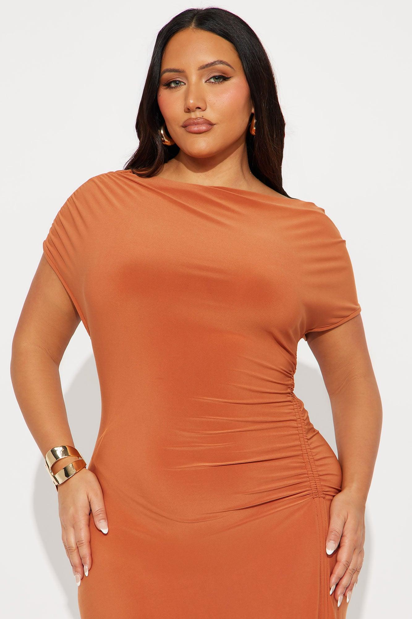 Alexia Asymmetrical Ruched Midi Dress - Rust Female Product Image