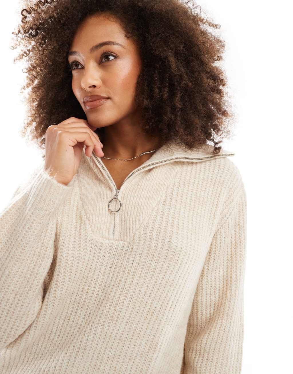 ONLY quarter zip knitted sweater in cream   Product Image