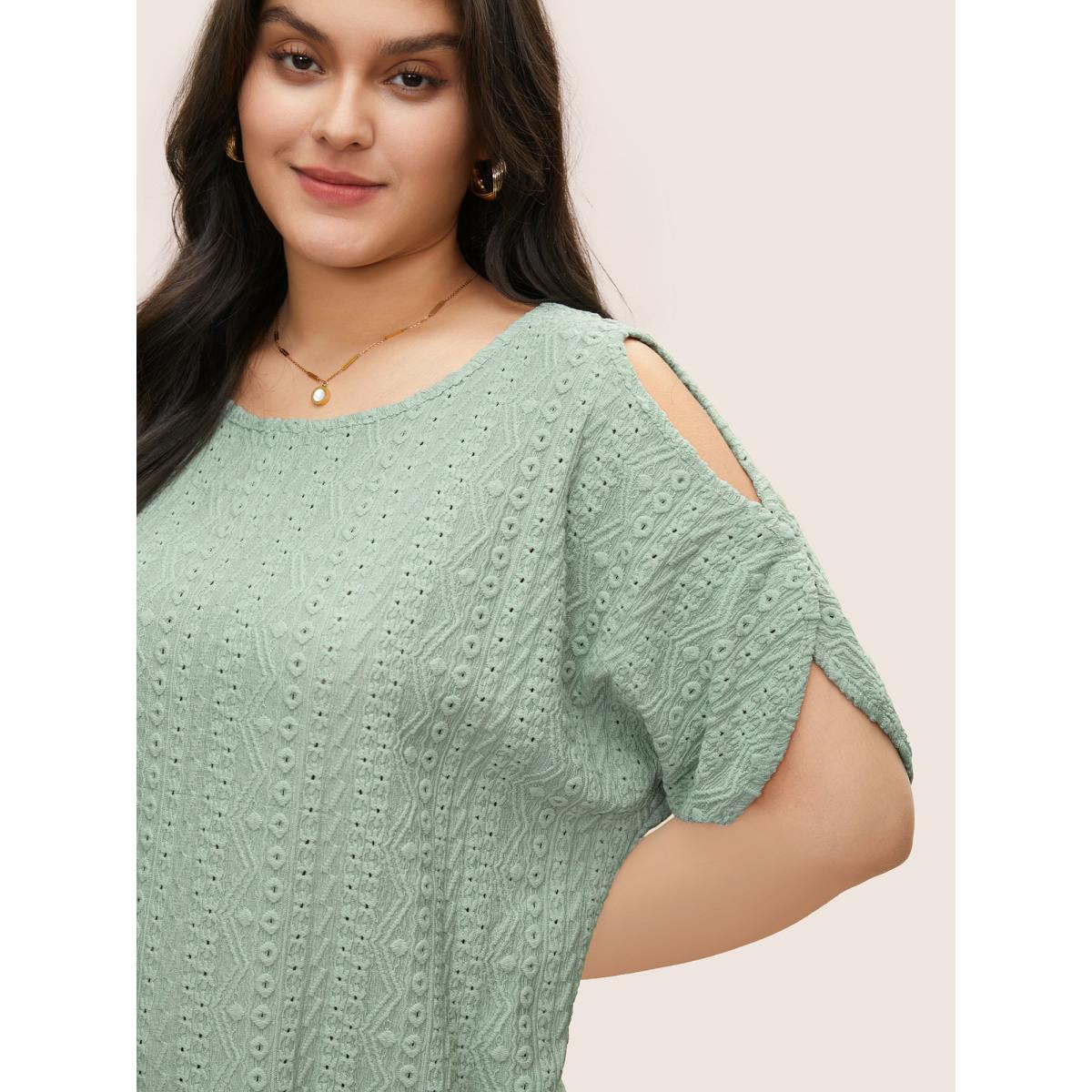 Plus Size Plain Texture Round Neck Cut Out T-shirt Mint Women Elegant Non Plain Round Neck Everyday T-shirts BloomChic 10/M Product Image