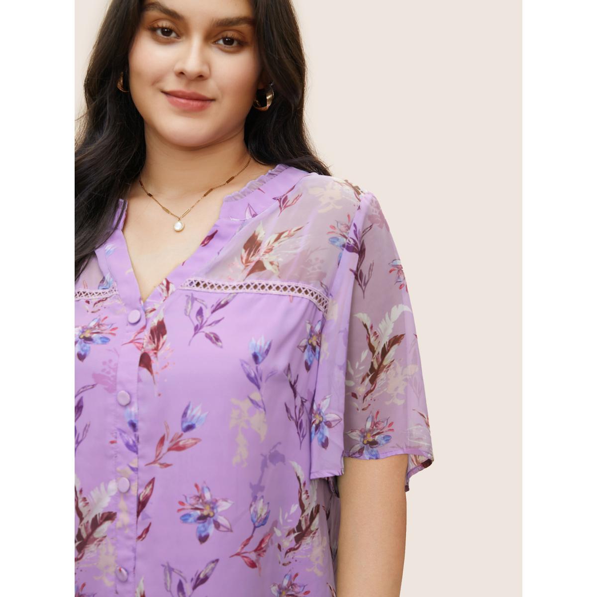Plus Size Purple Plants Guipure Lace Button Detail Mesh Blouse Women Elegant Short sleeve V-neck Everyday Blouses BloomChic 22-24/3X Product Image