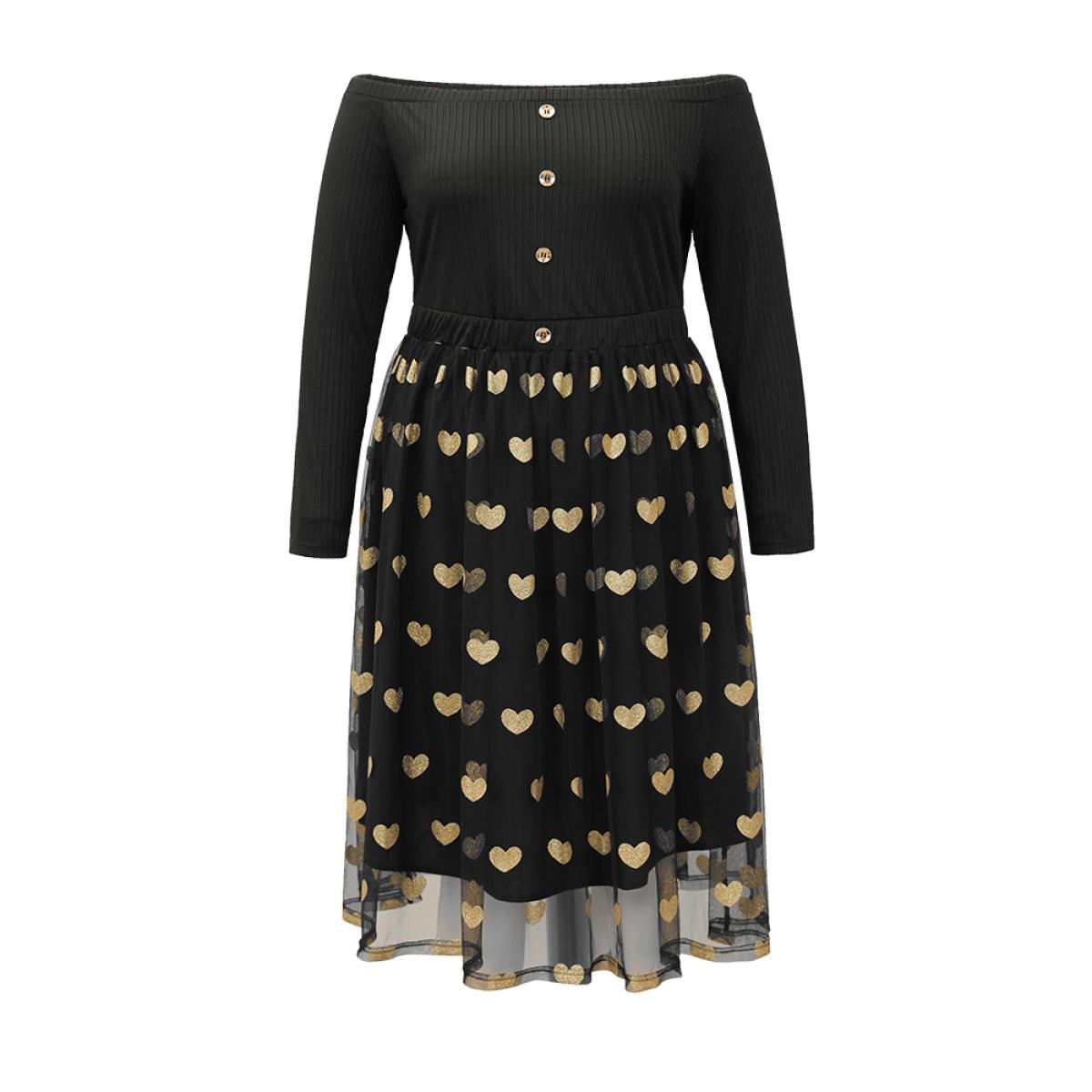 Plus Size Heart Print Rib Knit Button Detail Off Shoulder Dress Black Women Elegant Printed One-shoulder neck Long Sleeve Curvy Midi Dress BloomChic 22-24/3X Product Image