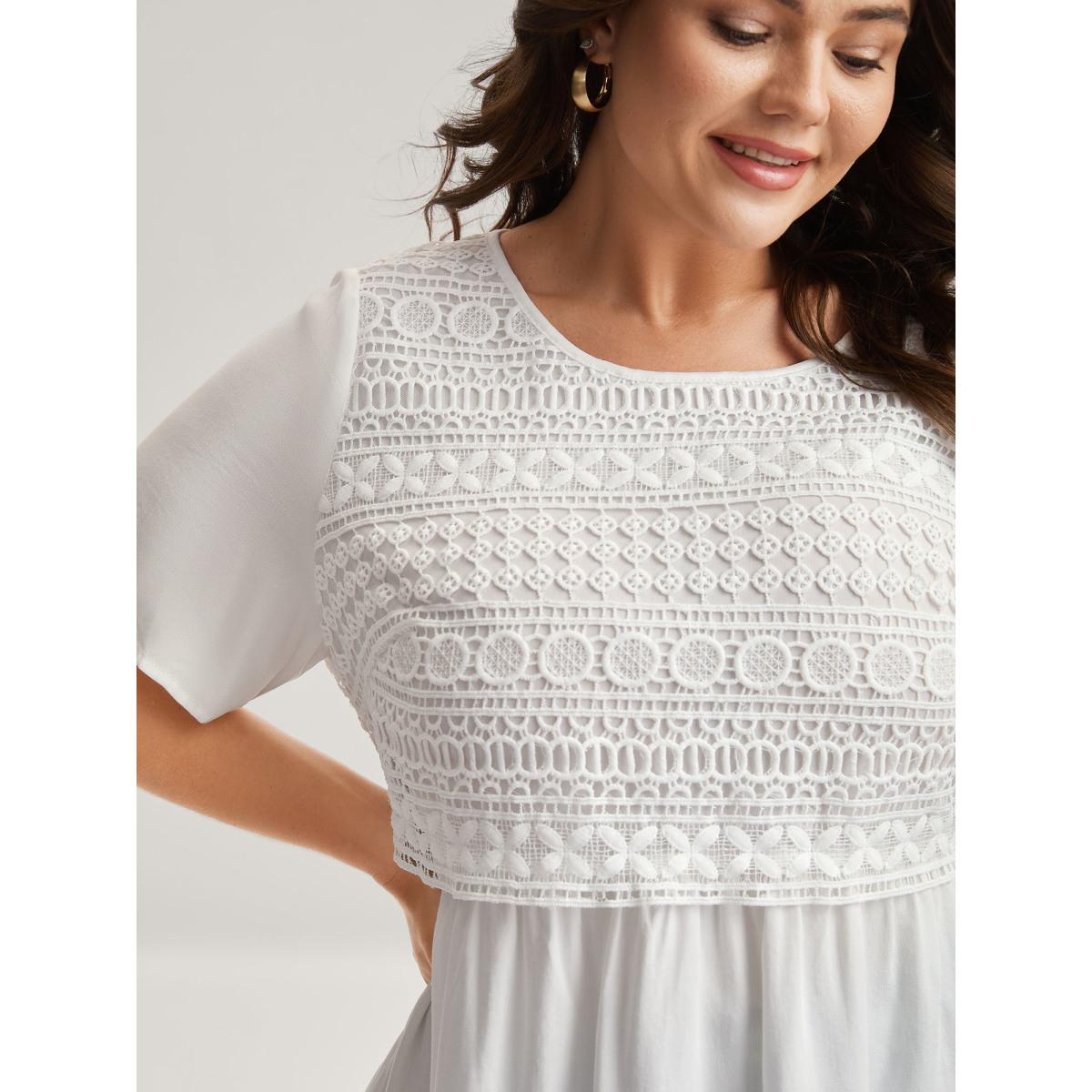 Plus Size Opticwhite Embroidered Textured Lace Babydoll Top Women Timeless Short sleeve Round Neck Elegant Blouses BloomChic 12/L Product Image