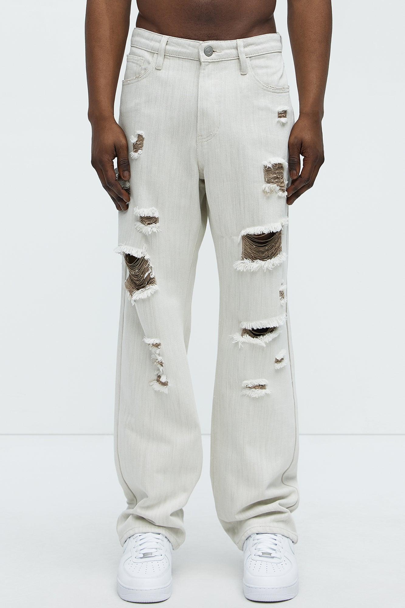 Hector Distressed Straight Jeans - Beige Product Image