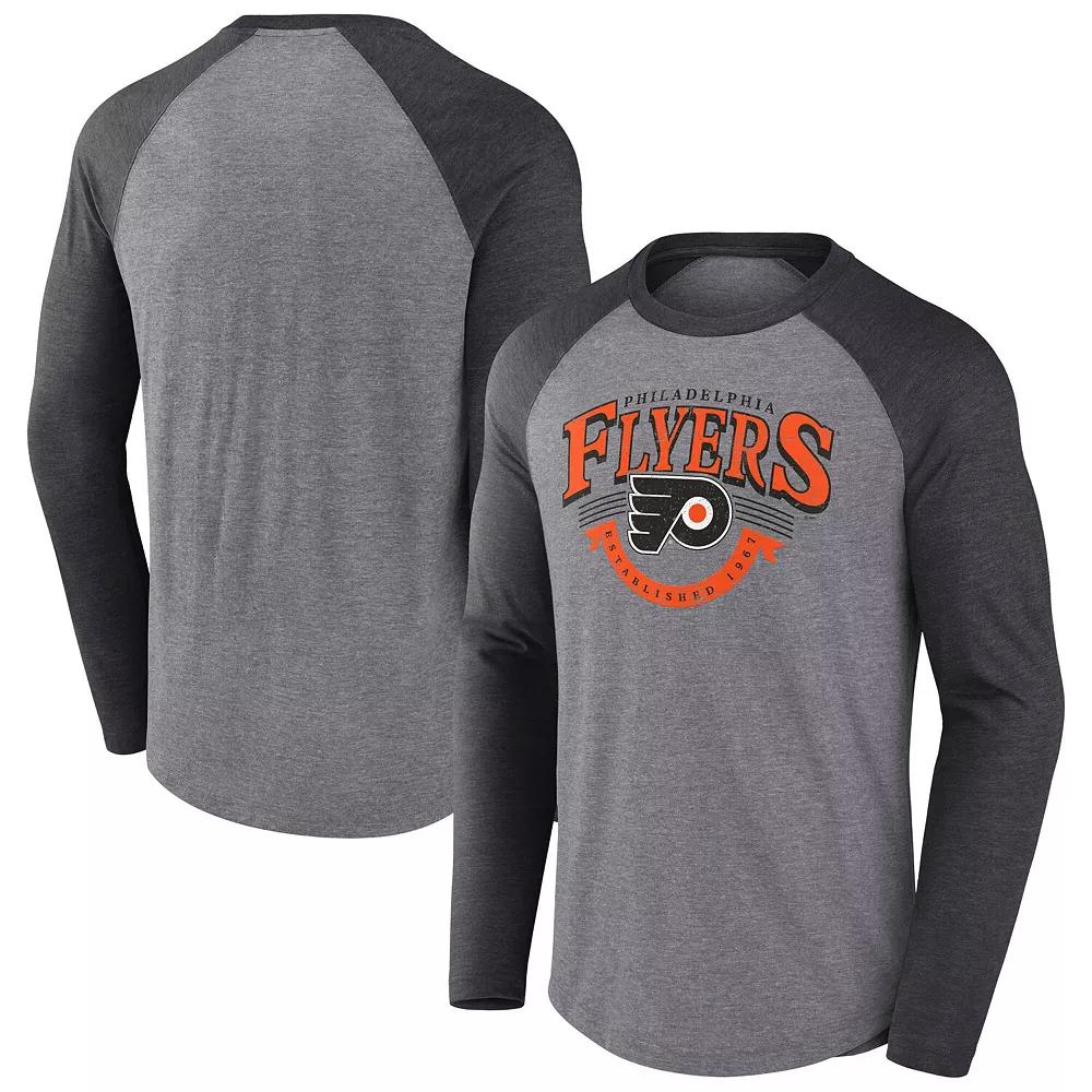 Men's Fanatics Heather Gray/Heather Charcoal Philadelphia Flyers Goal Crease Raglan Tri-Blend Long Sleeve T-Shirt, Size: Medium, Fly Grey Product Image