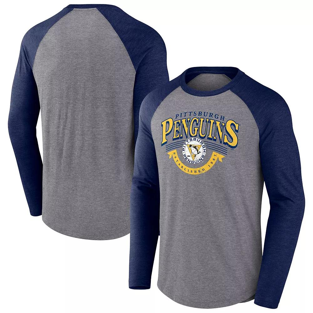Men's Fanatics Heather Gray/Heather Navy Pittsburgh Penguins Goal Crease Raglan Tri-Blend Long Sleeve T-Shirt,  Product Image