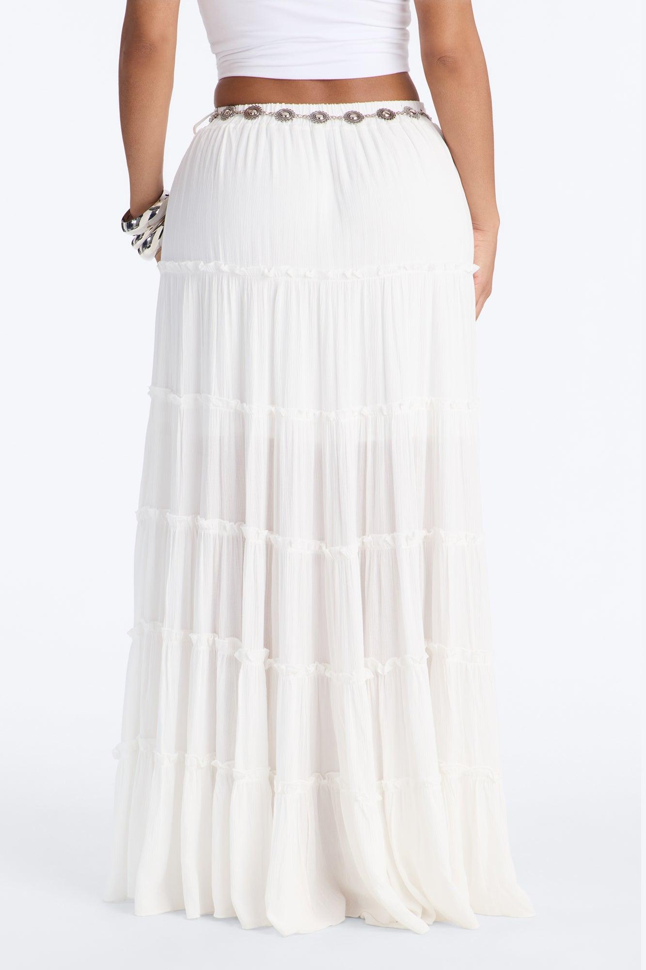 Free Spirit Low Rise Belted Tiered Maxi Skirt - White Female Product Image