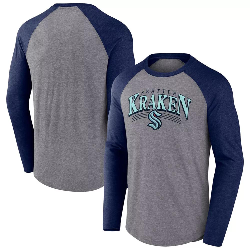 Men's Fanatics Heather Gray/Heather Deep Sea Blue Seattle Kraken Goal Crease Raglan Tri-Blend Long Sleeve T-Shirt, Size: 2XL, Krk Grey Product Image