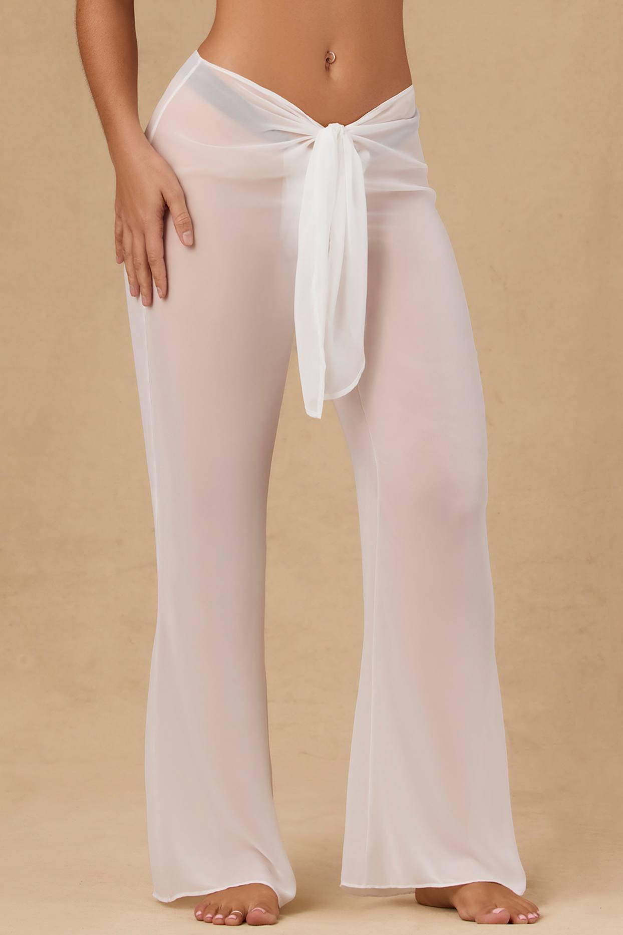 Tie-Front Wide-Leg Trousers in White Product Image