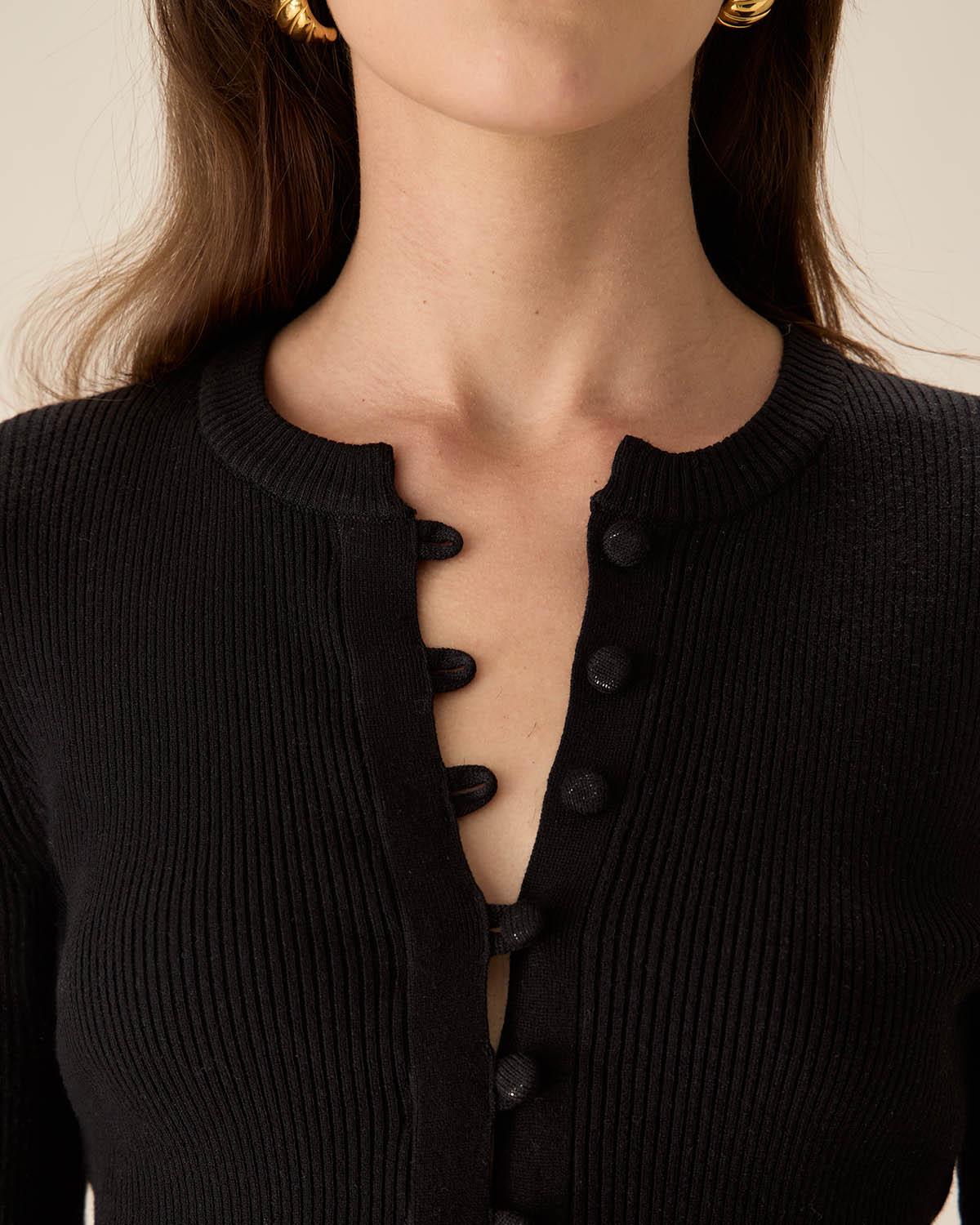 The Black Round Neck Button Up Knit Top Product Image