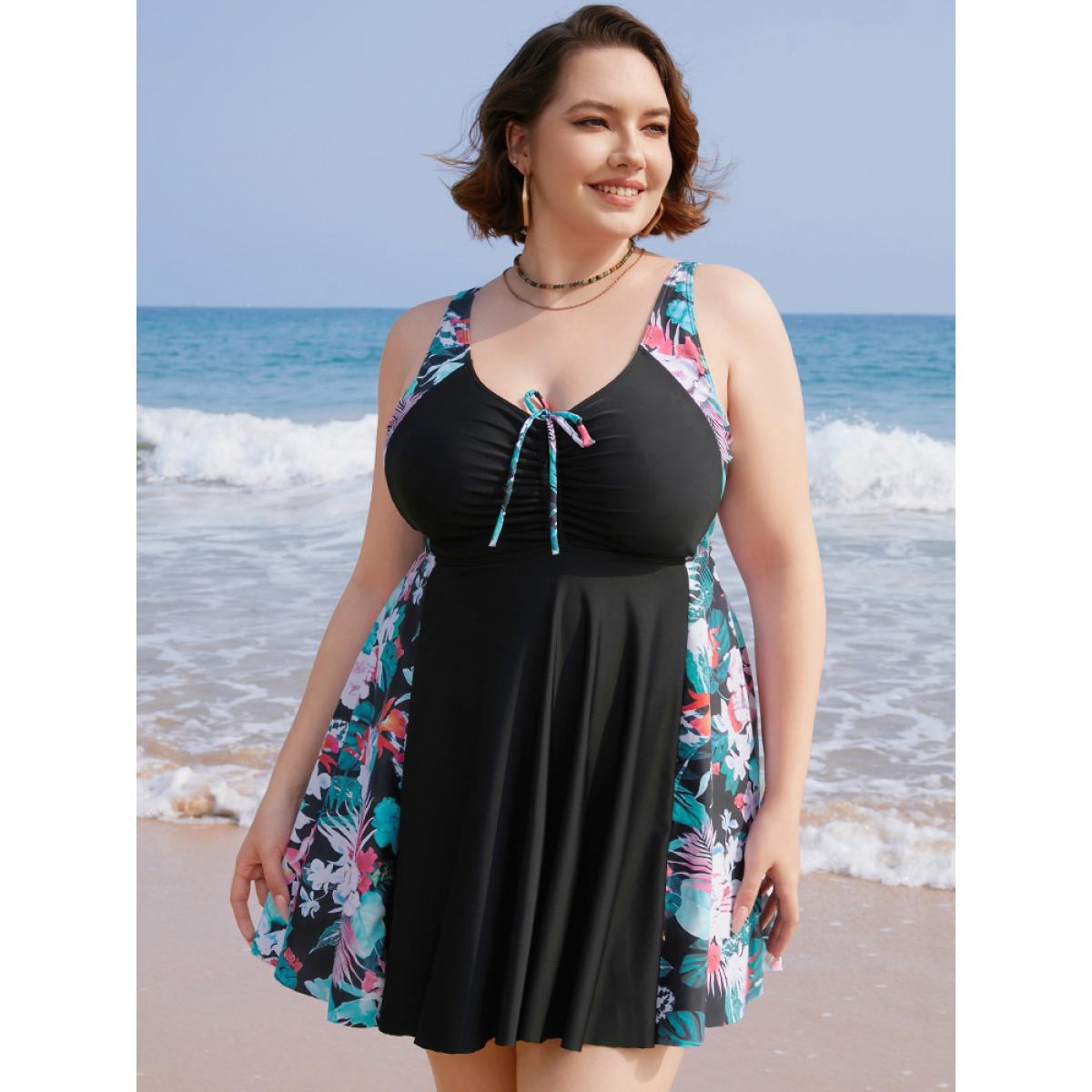 Plus Size Tropical Contrast Drawstring Ruched Ruffles Swim Dress Women's Swimwear Black Vacation Bodycon V-neck High stretch Curve Swim Dresses BloomChic 10/M Product Image