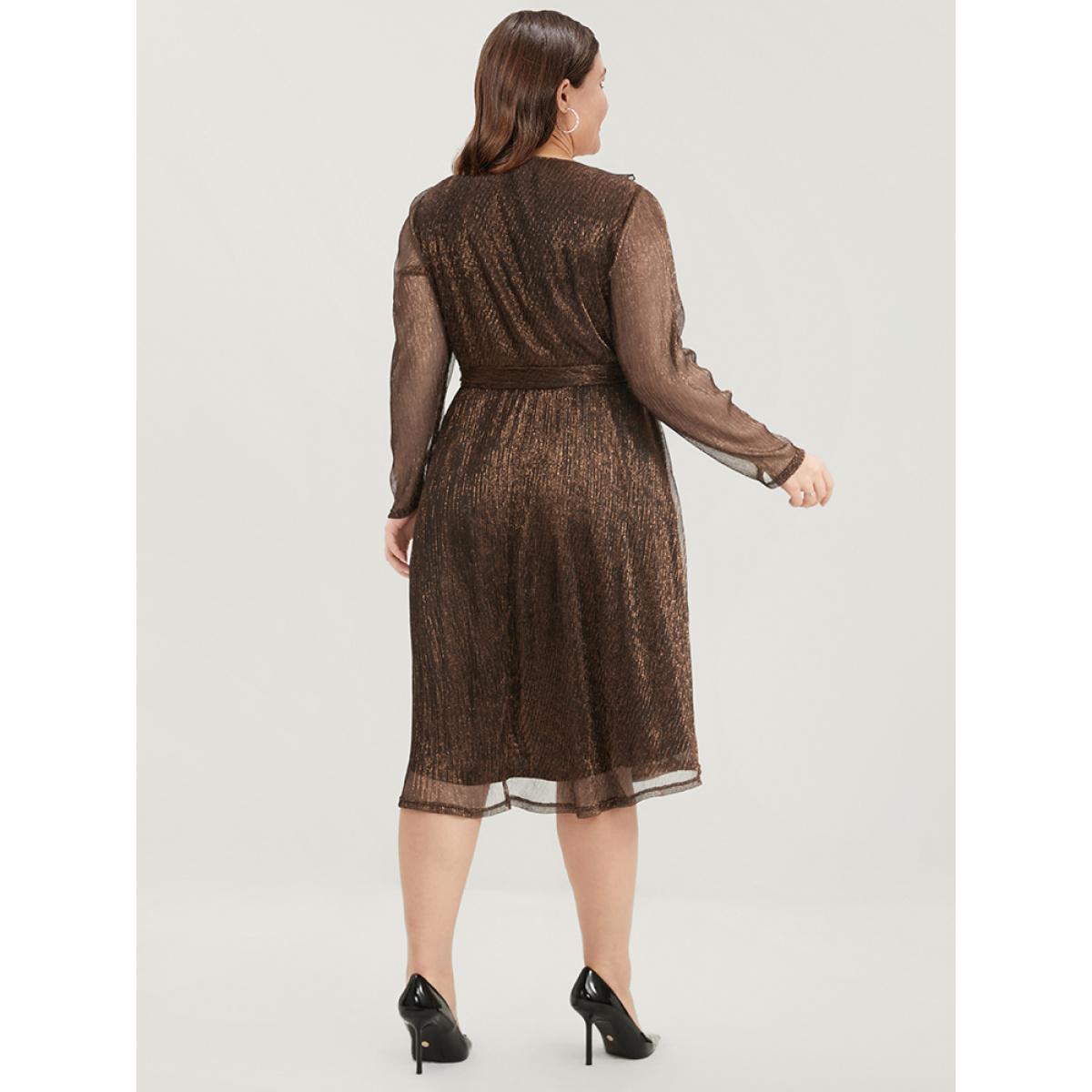 Plus Size Glitter Mesh Surplice Neck Belted Ruffle Trim Dress Multicolor Women Glamour Plain V-neck Long Sleeve Curvy Midi Dress BloomChic 22-24/3X Product Image