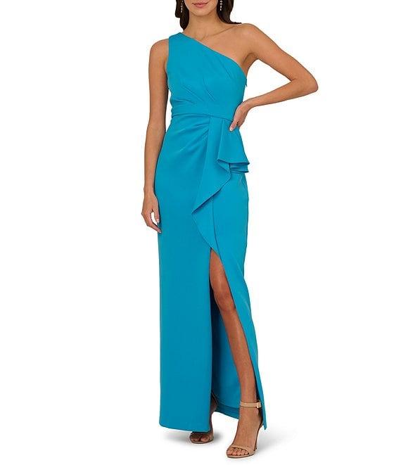Adrianna Papell One Shoulder Ruffle Front Scuba Crepe Column Gown Product Image