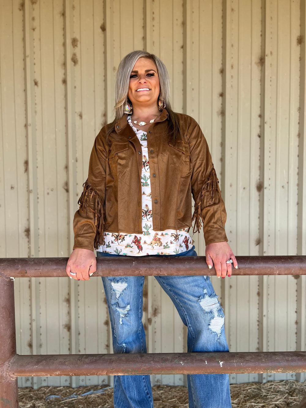 PLUS Camel Faux Suede Fringe Jacket-* Product Image