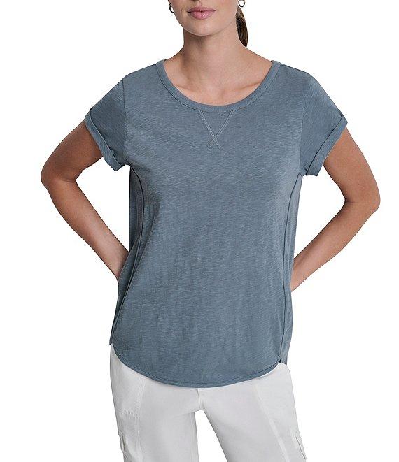 DKNY Sport by Donna Karan Cotton Slub Jersey Stripe Crew Neck Short Rolled Cuff Tee Product Image