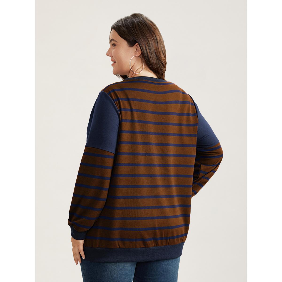 Plus Size Striped Patchwork Button Detail Sweatshirt Women Bronze Casual Non Round Neck Everyday Sweatshirts BloomChic 10/M Product Image