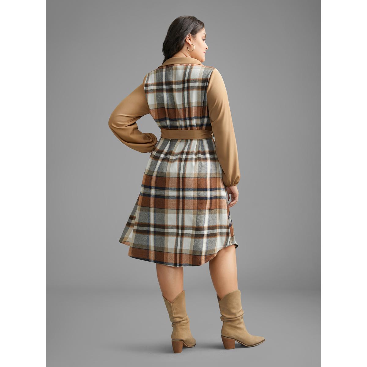 Plus Size Shirt Collar Plaid Patchwork Belted Dress Bronze Women Casual Belted Shirt collar Long Sleeve Curvy BloomChic 14-16/1X Product Image