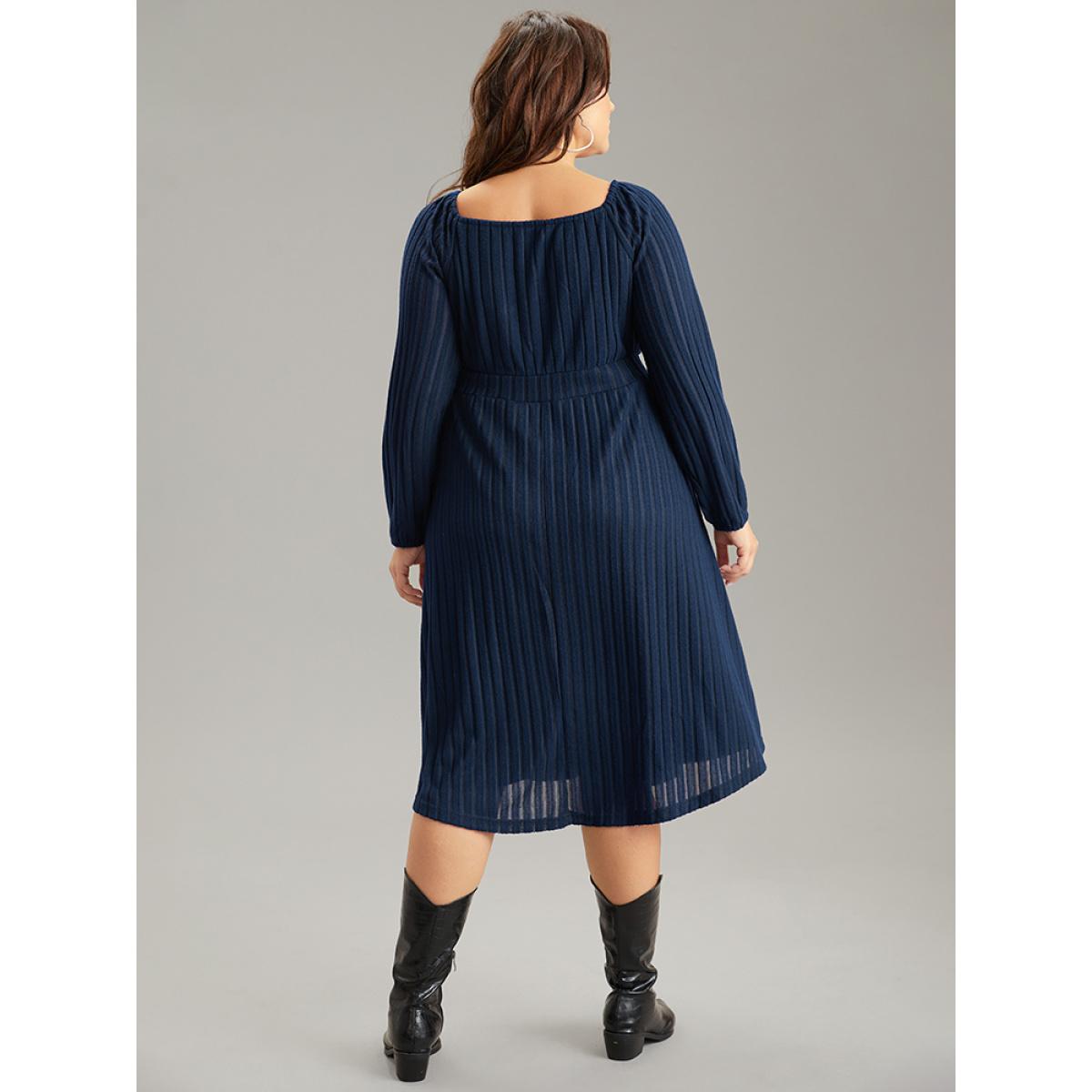 Plus Size Solid Rib Knit Gathered Scoop Neck Dress Indigo Women Basics Elastic cuffs Scoop Neck Long Sleeve Curvy Midi Dress BloomChic 30/6X Product Image