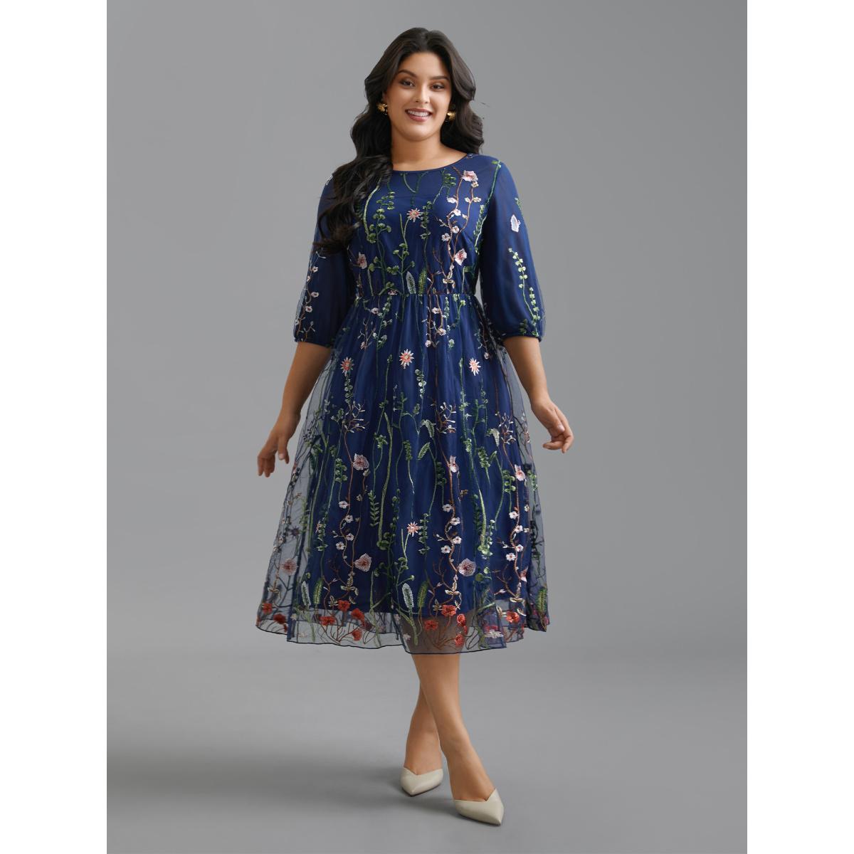 Plus Size Floral Embroidered Elastic Waist Lined Midi Dress Navy Women Formal Texture Party Curvy Bloomchic 28/5X Product Image
