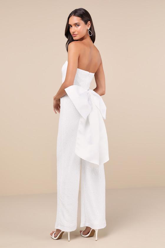 Mesmerizing Glow White Sequin Removable Bow Wide-Leg Jumpsuit Product Image