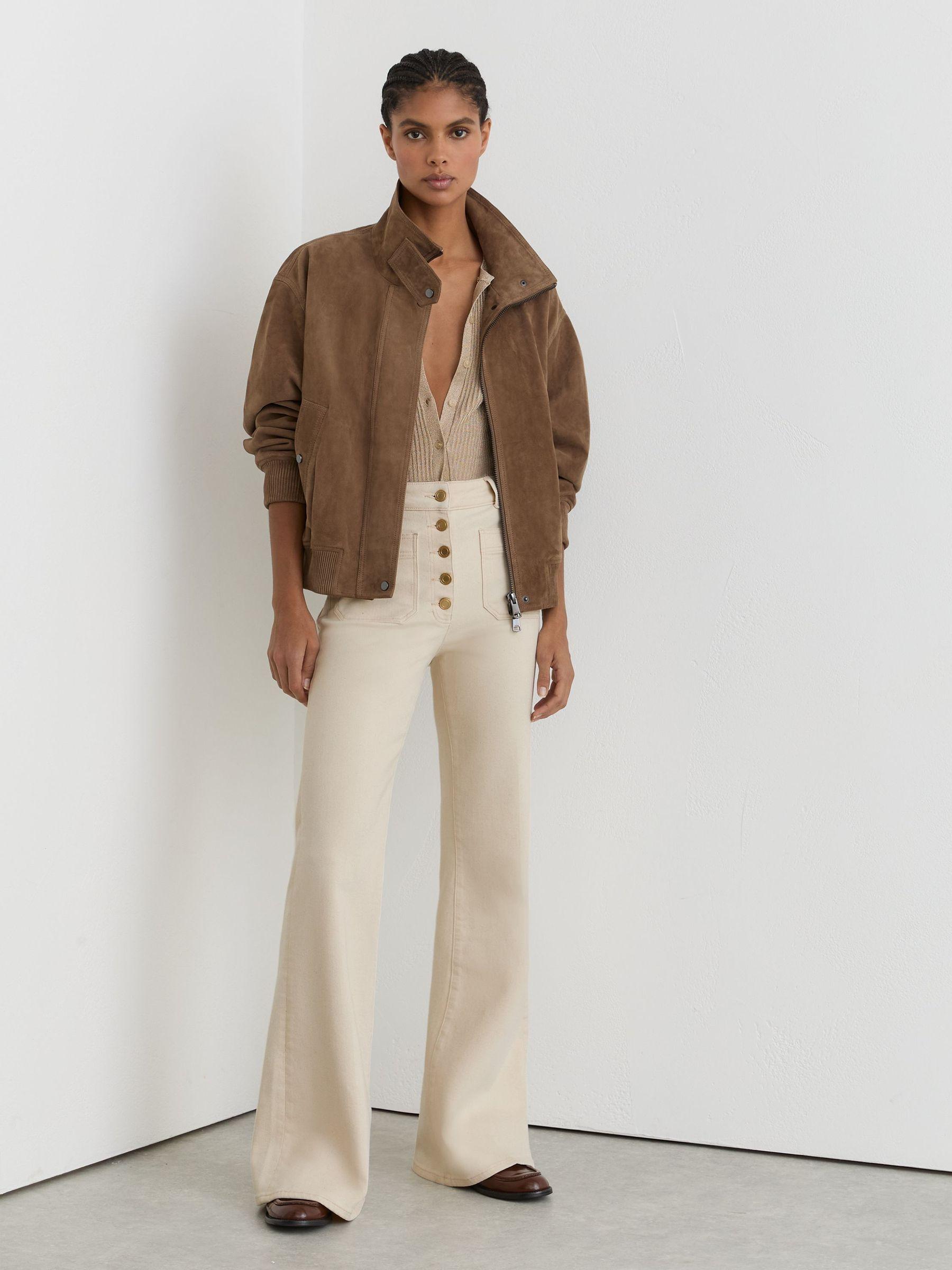 Twin-Pocket Button Flared Jeans in Light Brown Product Image