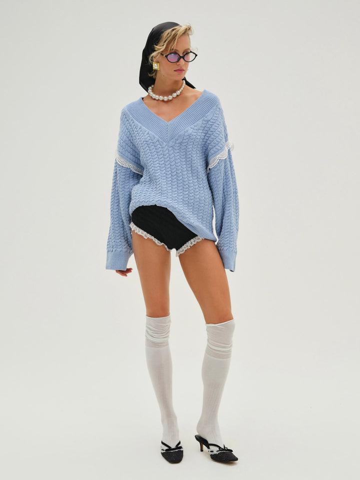 Tierra Oversized V-Neck Sweater — Blue Product Image