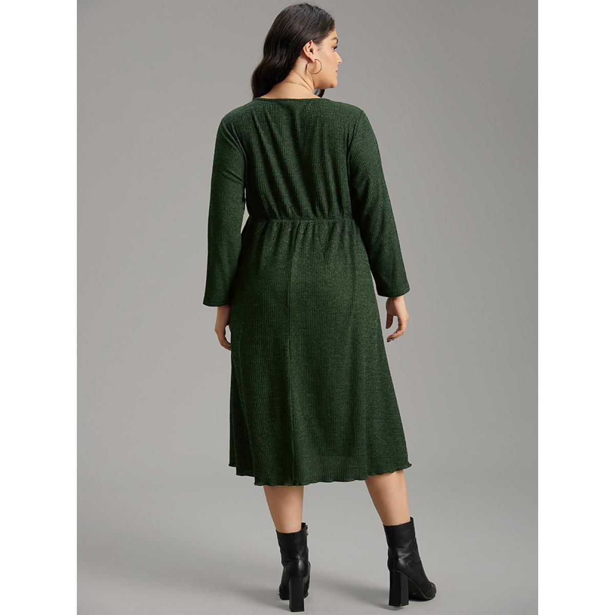 Plus Size Square Neck Solid Drawstring Rib Knit Dress DarkGreen Women Casual Plain Square Neck Long Sleeve Curvy Midi Dress BloomChic 26/4X Product Image