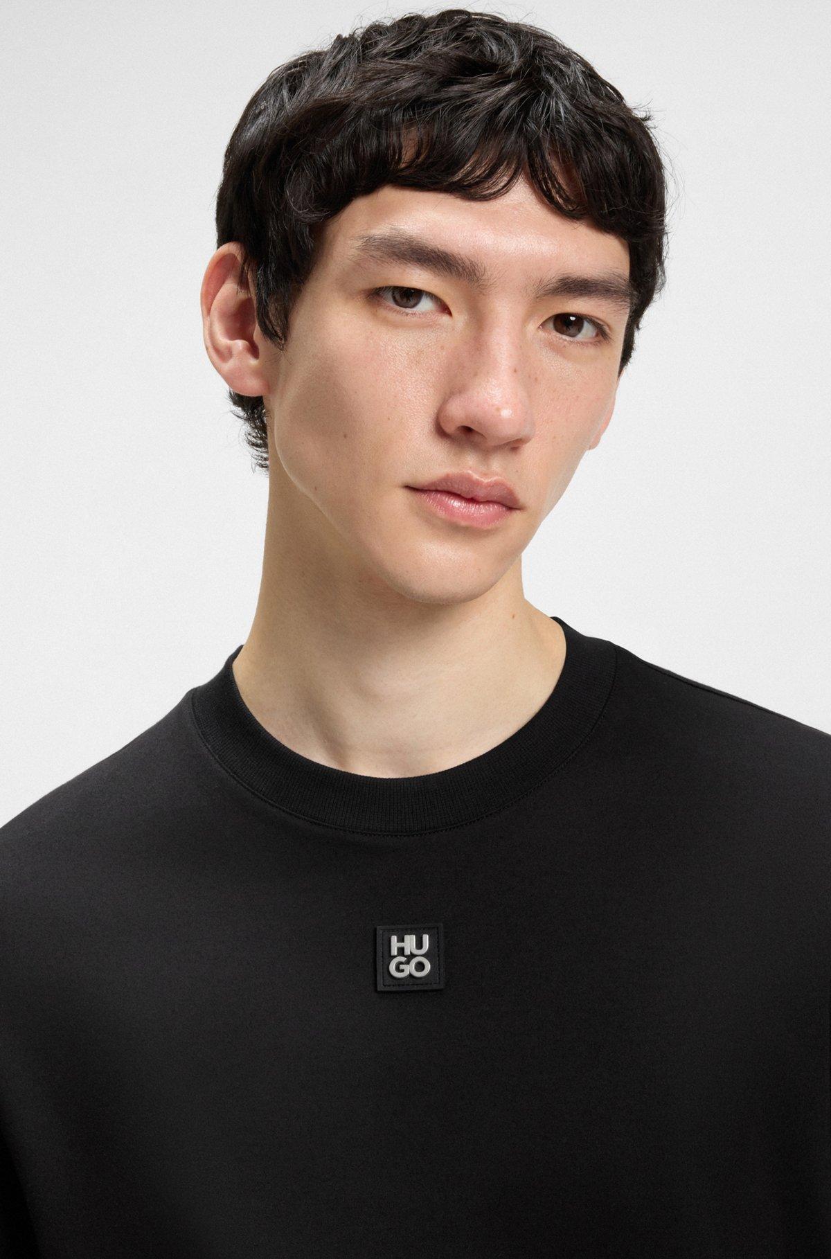 HUGO - Interlock-cotton regular-fit T-shirt with stacked logo - Black Product Image