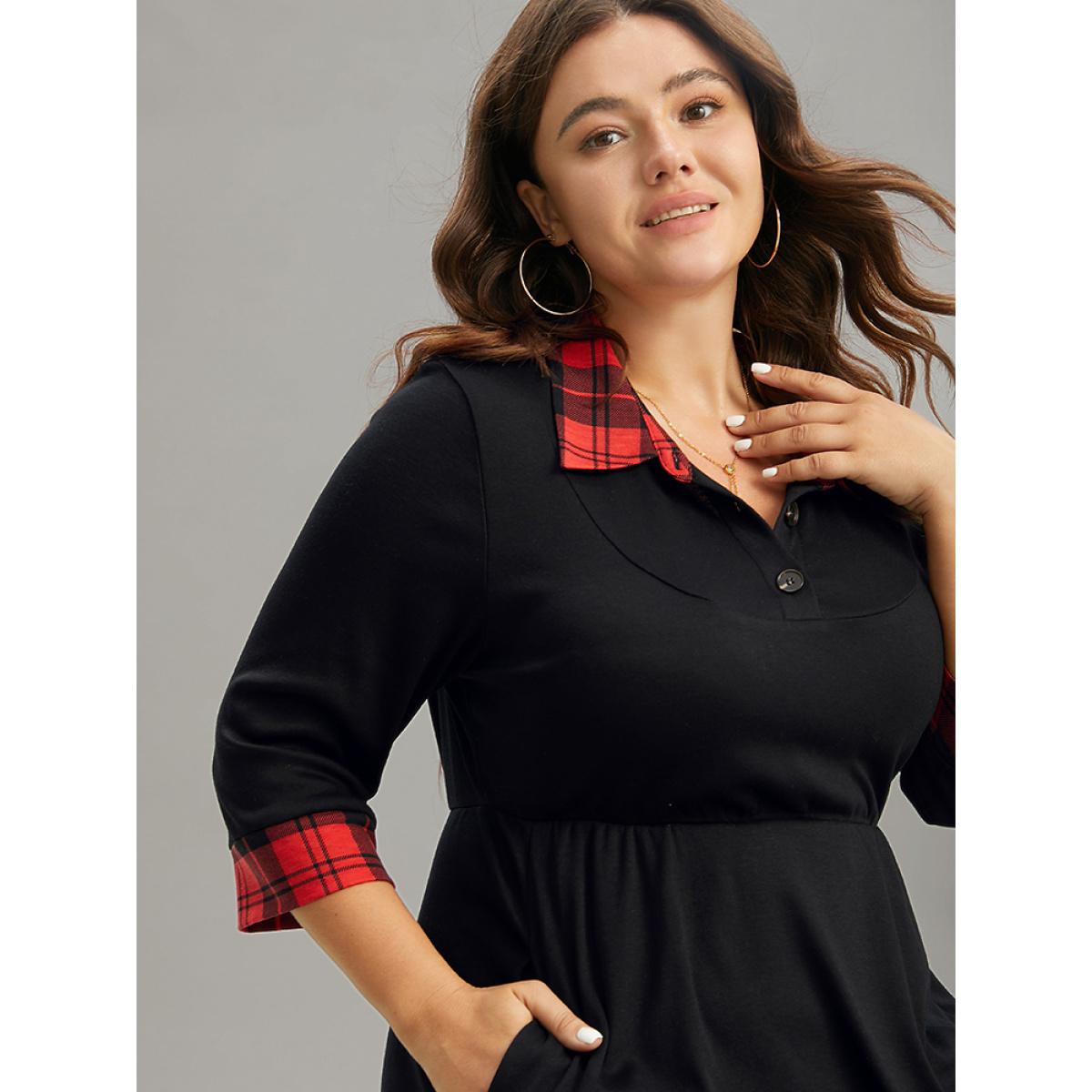 Plus Size Plaid Patchwork Shirt Collar Button Up Dress Black Women Casual Printed Shirt collar Elbow-length sleeve Curvy Midi Dress BloomChic 14-16/1X Product Image