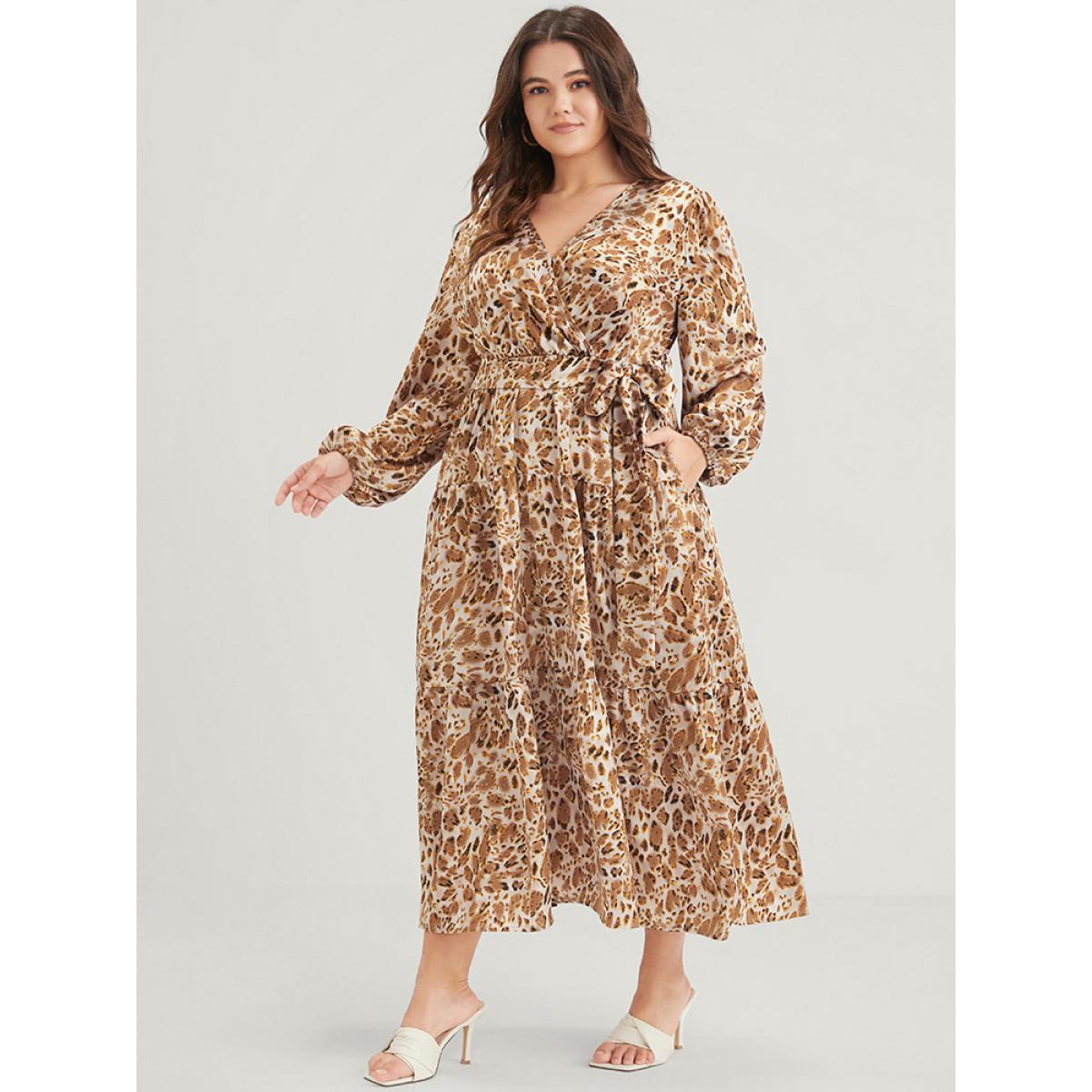 Plus Size Leopard Pocket Surplice Neck Lantern Sleeve Ruffles Belted Maxi Dress Leopard Women Elegant Printed Long Sleeve Curvy Long Dress BloomChic 22-24/3X Product Image