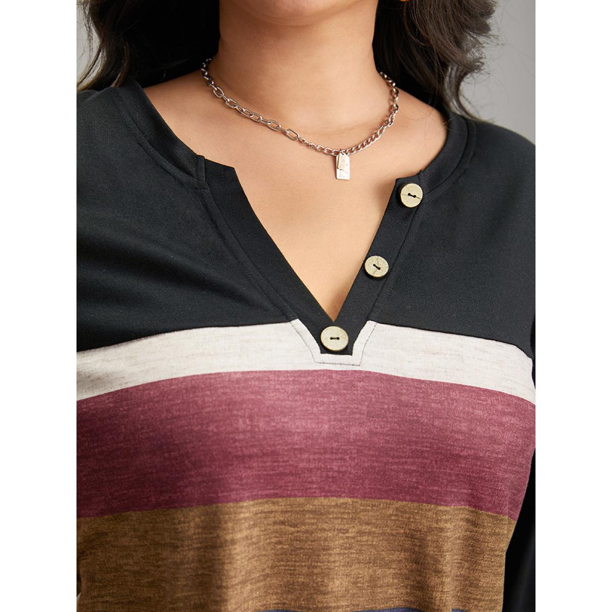 Plus Size Colorblock Contrast Notched Button Detail T-shirt Black Women Casual Contrast Striped Notched collar Dailywear T-shirts BloomChic 26/4X Product Image