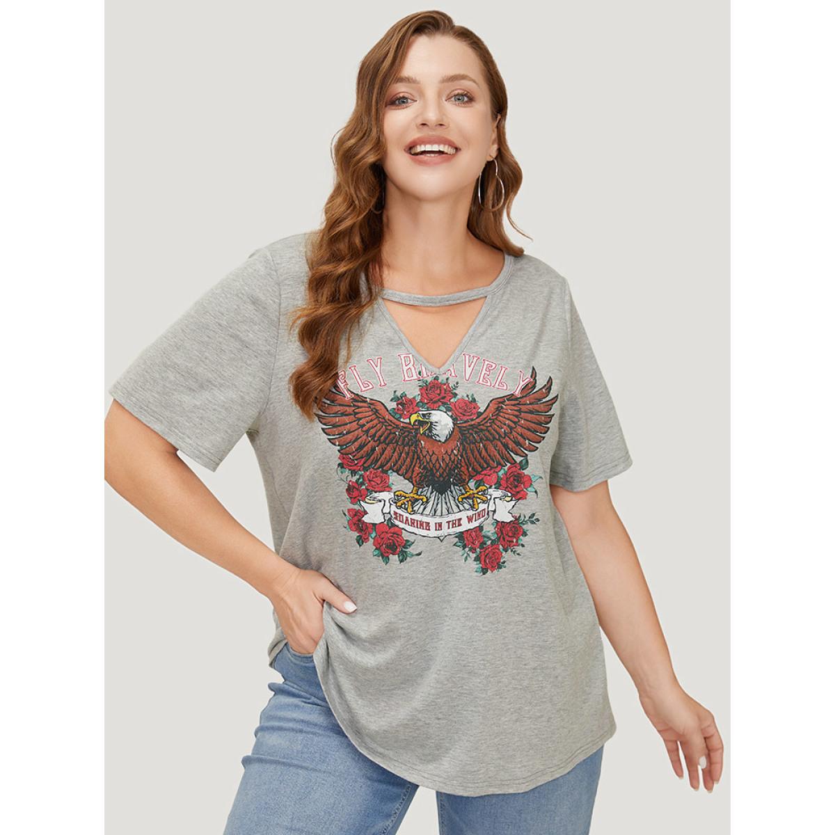 Plus Size Eagle & Floral Print Keyhole Neck T-shirt Gray Women Casual Keyhole Western Dailywear T-shirts BloomChic 10/M Product Image