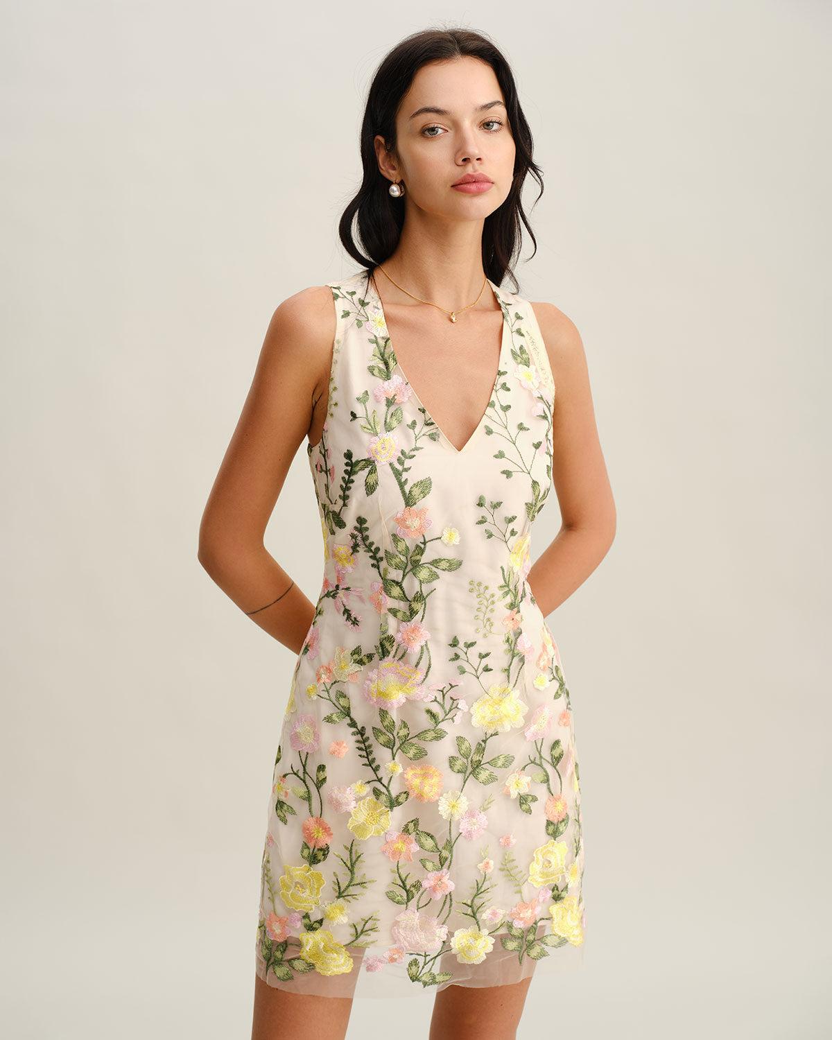 Yellow V Neck Floral Sleeveless Mini Dress Product Image