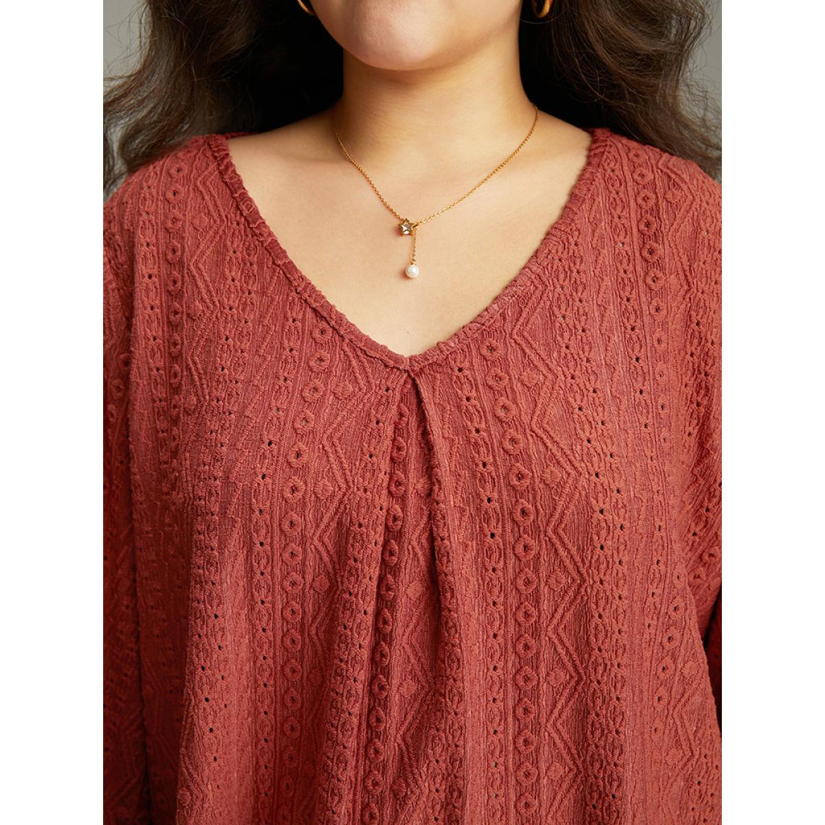 Plus Size Keyhole Plicated Detail Lantern Sleeve T-shirt Rust Women Elegant Elastic cuffs Plain V-neck Dailywear T-shirts BloomChic 18-20/2X Product Image
