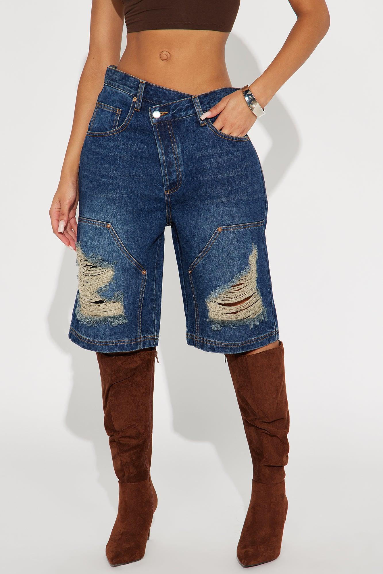 Elsie Crossover Denim Jorts - Dark Wash Product Image