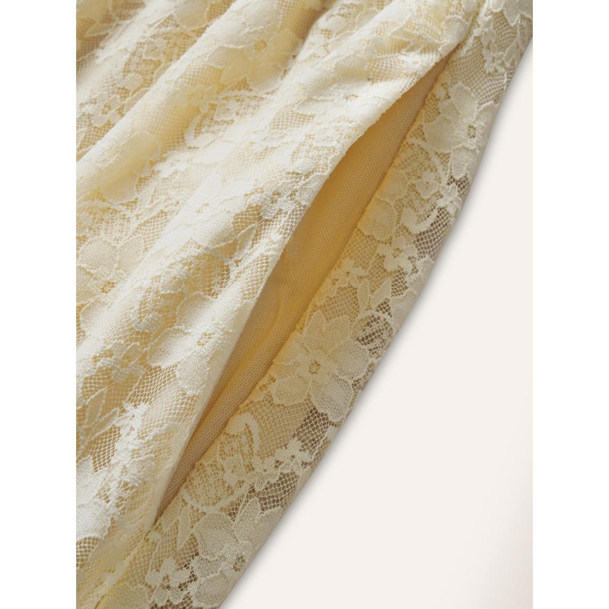 Plus Size Guipure Lace Ruffle Trim Side Seam Pocket Dress Apricot Women Formal Deep V-neck Sleeveless Curvy BloomChic 26/4X Product Image