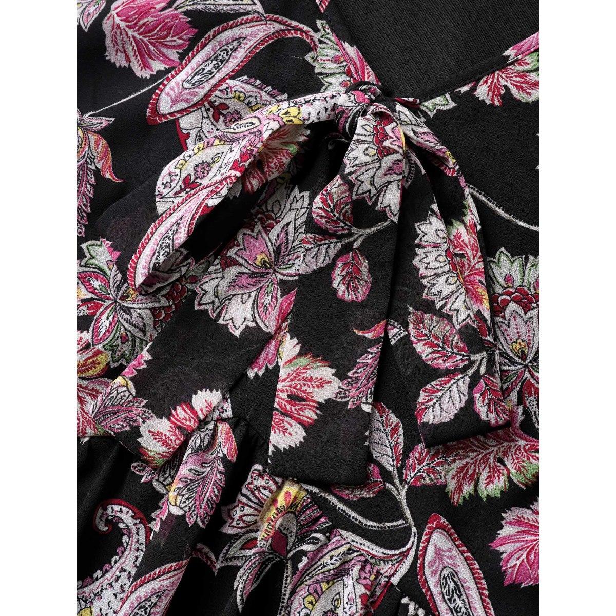 Plus Size Black Floral Paisley Print Ribbon Tie Blouse Women Cap Sleeve V-neck Vacation Blouses BloomChic 30/6X Product Image