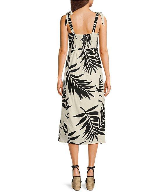GB Tie Shoulder Tropical Palm Leaf Linen Blend Midi Dress Product Image